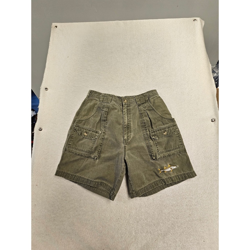 Vintage Mens Olive Green Cotton Cargo Shorts Fish Embroidery Size 36 Utility